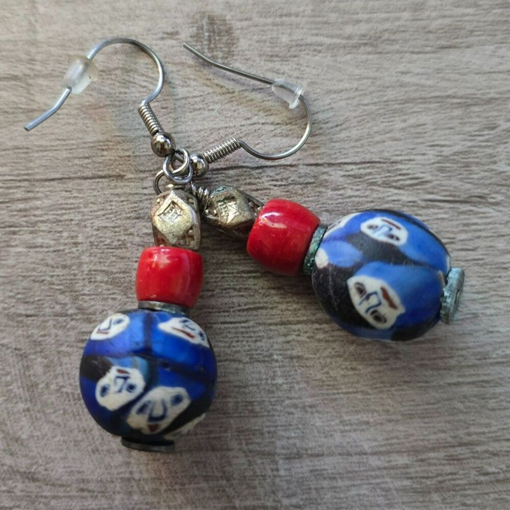 Unique Roman Mosaic Ancient Glass Faces Bead Earrings